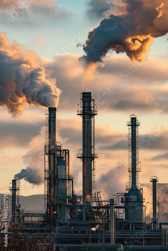 A large industrial plant with smoke billowing from it