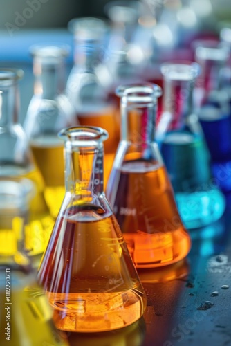 A row of glass beakers filled with colorful liquids
