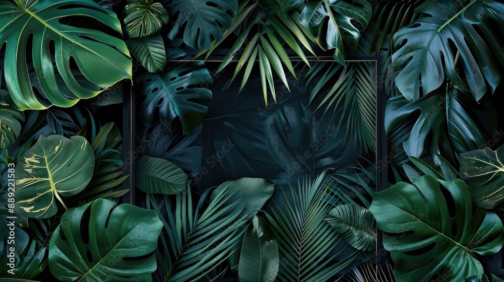 Trending design template with black frame and tropical leaves on monochrome backdrop Trending design template with black frame and tropical leaves on monochrome backdrop