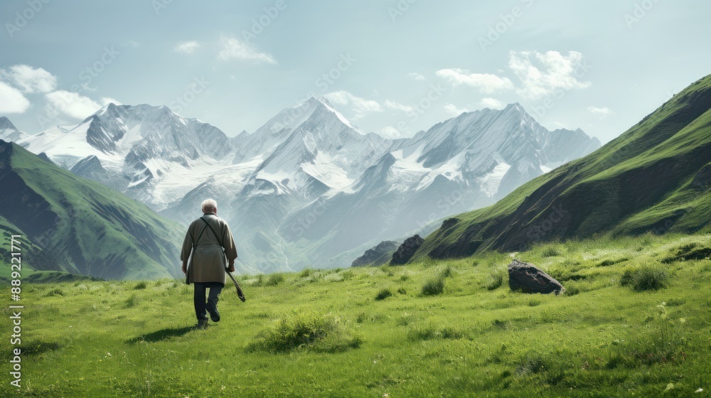 photograph of an elderly man power walking on a lush green lawn with snow-capped mountains in the distance photograph of an elderly man power walking on a lush green lawn with snow-capped mountains in the distance