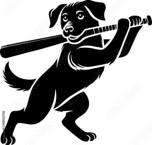 A silhouette of a dog holding a baseball bat, ready to swing.  The dog is in a classic batting stance, with its front paw raised.
