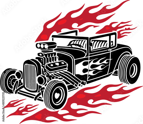 Black and white illustration of a hot rod with flames.