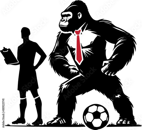 A powerful gorilla in a tie stands over a soccer ball, while a coach stands by, ready to lead the team.