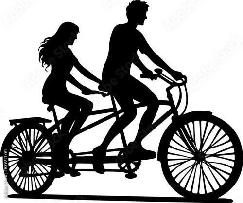 Silhouette of a couple riding a tandem bicycle.