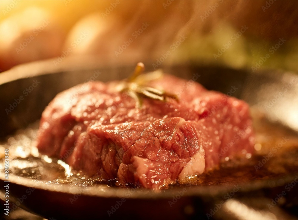 Cooking raw beef on pan closeup Cooking raw beef on pan closeup