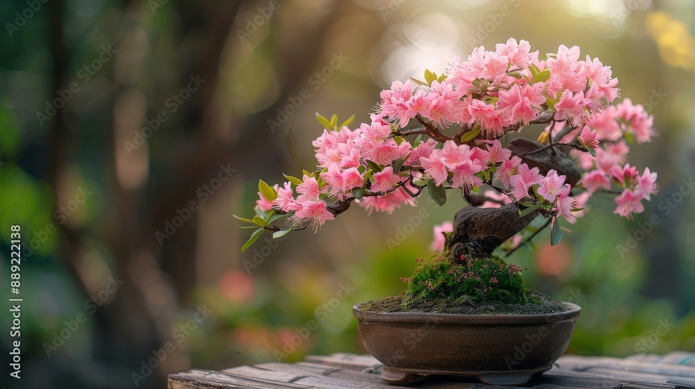 Serene azalea bonsai tree with delicate pink blossoms in a tranquil garden Serene azalea bonsai tree with delicate pink blossoms in a tranquil garden