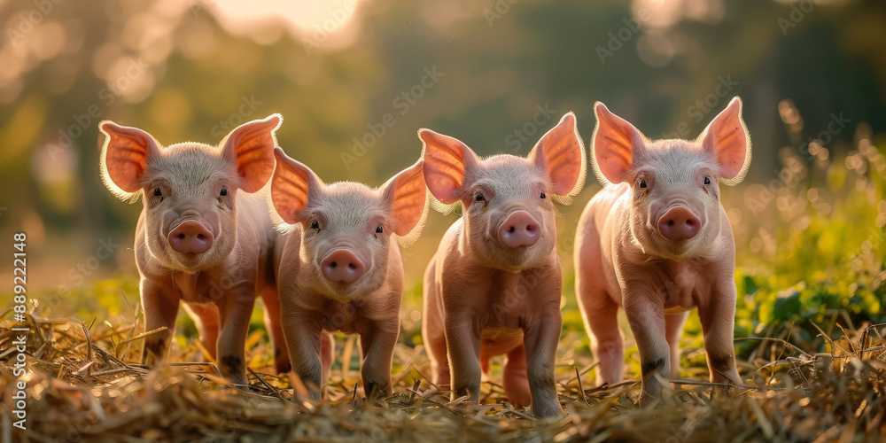 Adorable trio of piglets lying in straw, showcasing farm animals and rural life. Adorable trio of piglets lying in straw, showcasing farm animals and rural life.