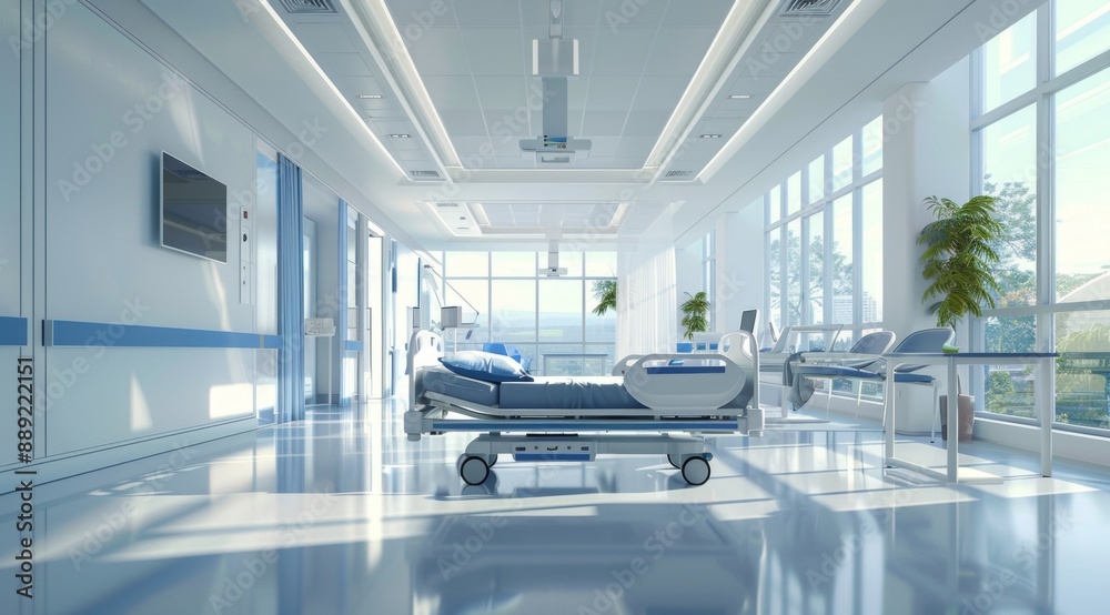 An empty, modern hospital room with medical equipment, a bed, and bright lighting, showcasing cleanliness and advanced healthcare facilities An empty, modern hospital room with medical equipment, a bed, and bright lighting, showcasing cleanliness and advanced healthcare facilities