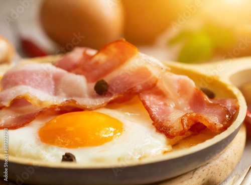 Frying eggs with bacon and fresh pepper for morning meal