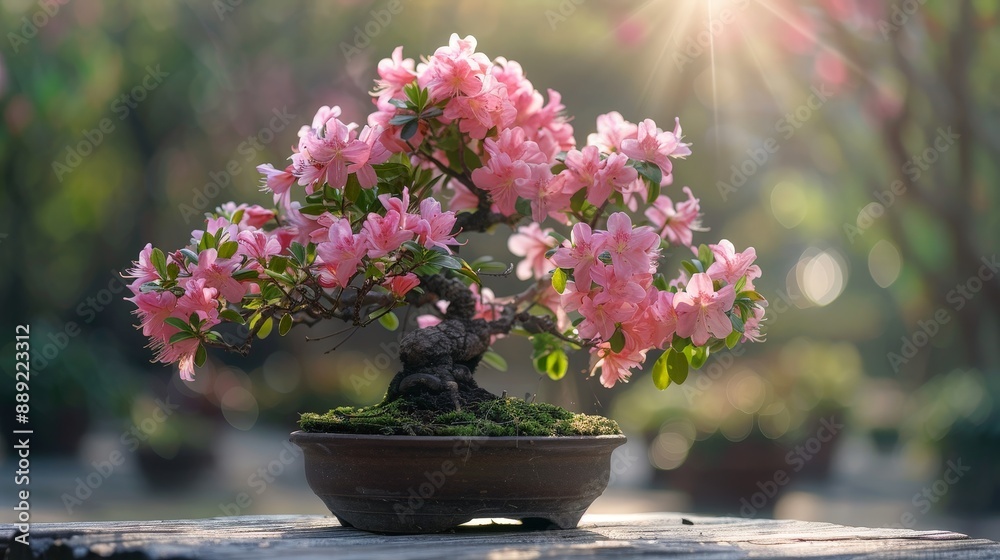 Serene azalea bonsai tree with delicate pink blossoms in a tranquil garden Serene azalea bonsai tree with delicate pink blossoms in a tranquil garden