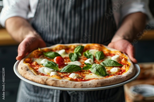 Close-up of a chef presenting a freshly made pizza. It is topped with fresh basil and mozzarella, with a rustic thin crust. Ideal for culinary blogs, cookbooks, or food-related publications photo