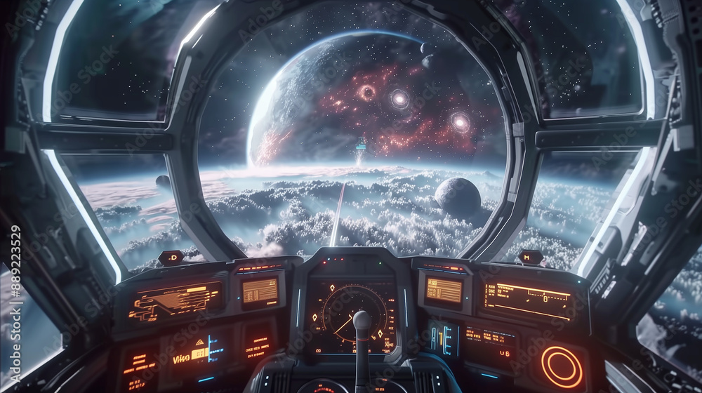 Futuristic Spaceship Cockpit with Stunning Space View 