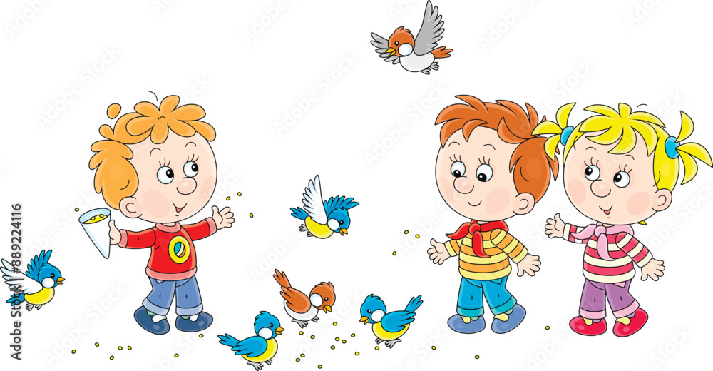 Fototapeta premium Happy little children feeding with corns a small flock of merry sparrows and titmice in a park, vector cartoon illustration on a white background