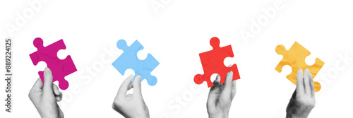 Four hands holding and making puzzle together trendy halftone collage elements. Metaphor of partnership, teamwork concept. Modern retro vector illustration isolated on transparent background