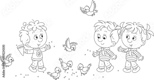 Happy little children feeding with corns a small flock of merry sparrows and titmice in a park, black and white outline vector cartoon illustration for a coloring book page