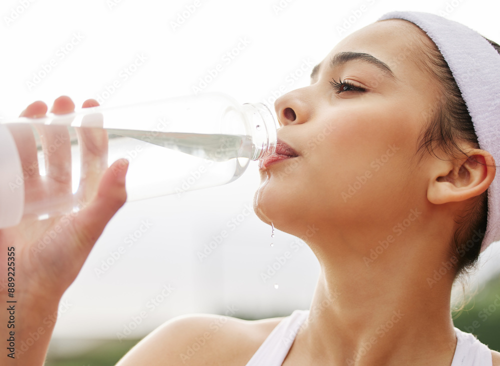 Woman, tennis player and drinking water on court, wellness and break for mineral liquid outdoor. Female person, bottle and athlete tired of game with nutrition and thirsty for hydration to rest Woman, tennis player and drinking water on court, wellness and break for mineral liquid outdoor. Female person, bottle and athlete tired of game with nutrition and thirsty for hydration to rest