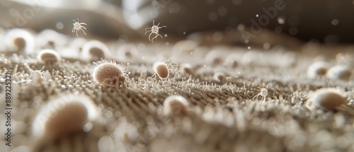 Microscopic View of Dust Mites and Their Eggs on a Fabric Surface