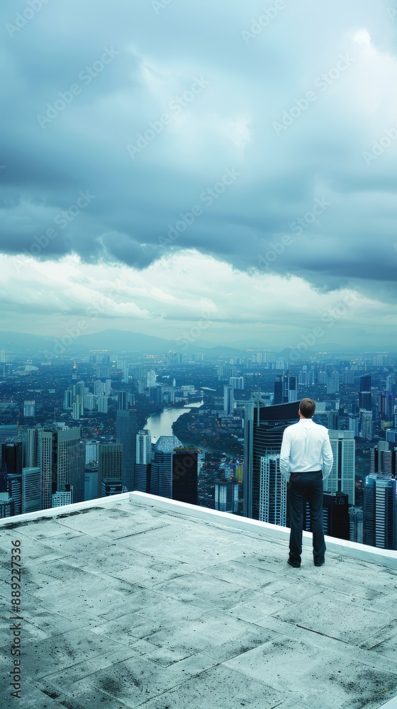 Obraz premium A man in a white shirt and black pants stands on a cliff, gazing out at a city river. The cityscape is visible in the distance, with tall buildings and a cloudy sky
