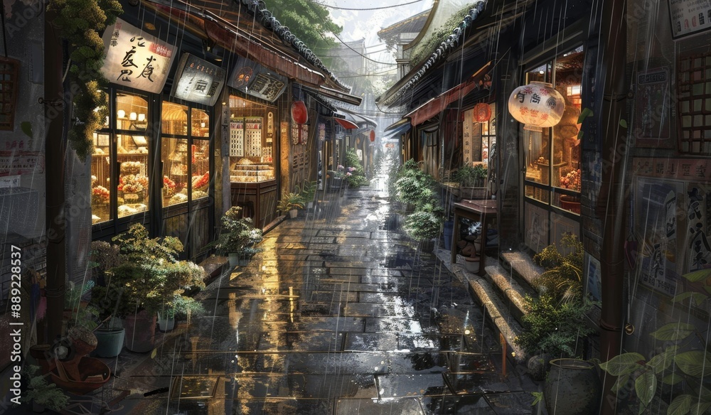 Fototapeta premium A small street in the middle of rural Japan, brimming with businesses, raining weather, nighttime, anime artwork