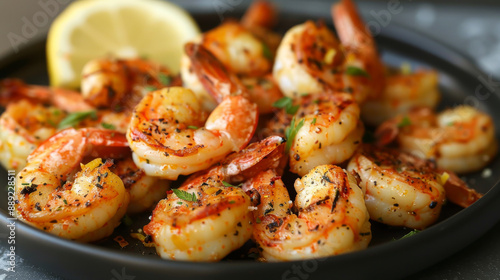 Close Up Of Lemon Herb Seasoned Shrimp On Black Plate © Daniel