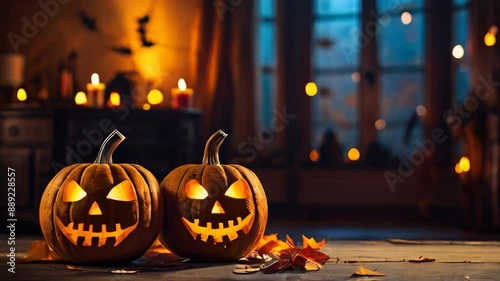 HD video, glowing jack-o'-lanterns sit amidst falling autumn leaves on a wooden table, with a bokeh background of warm lights and blurred pumpkins, creating a cozy Halloween atmosphere