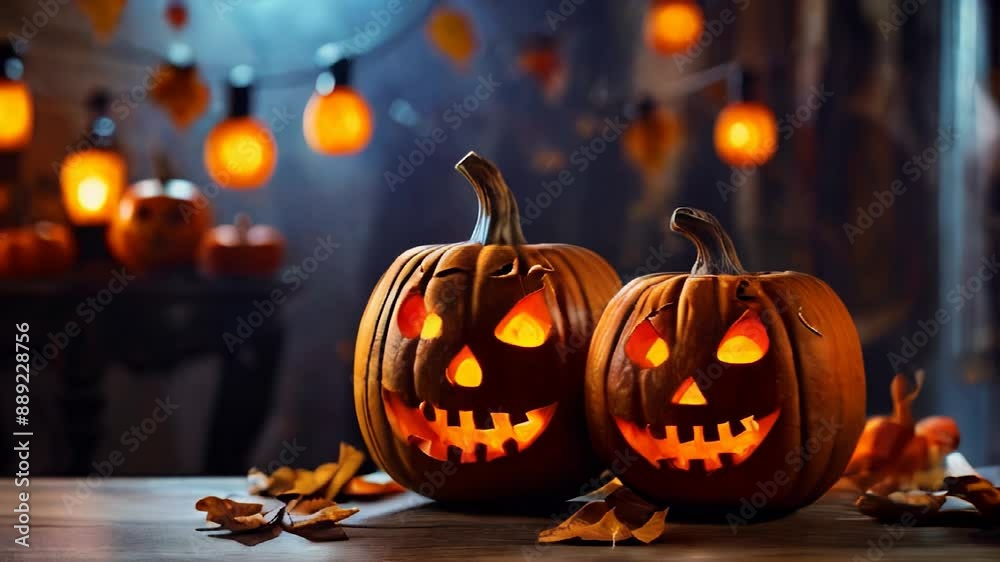 HD video showing two carved pumpkins on a wooden surface in a forest, surrounded by colorful autumn leaves. Sunlight filters through the trees, enhancing the Halloween atmosphere