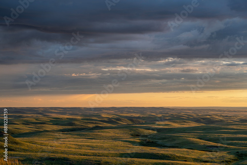 Sun setting over the Valley of 1000 Devils in Grasslands National Park, Saskatchewan, Canada
