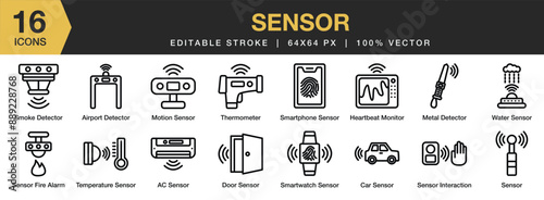 Set of 16 Sensor icon set. Editable Stroke Icon Collection. Includes ac sensor, airport detector, metal detector, smoke detector, door sensor, and More. Outline icons vector collection.