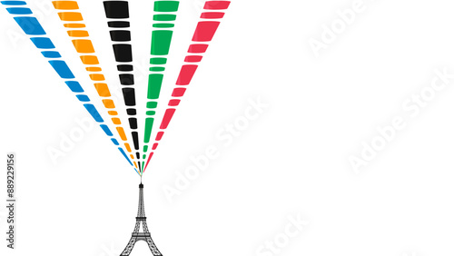 Colored Olympic Games rainbow lines flag converge in Eiffel Tower