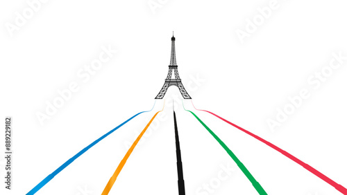 Colored Olympic Games rainbow lines flag converge in Eiffel Tower