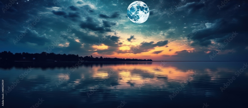 Night Sky with a Full Moon and Stars Reflecting on a Calm Lake Night Sky with a Full Moon and Stars Reflecting on a Calm Lake