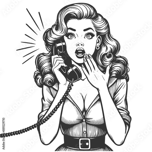 surprised pin-up woman talking on a telephone, shocked expression and retro style sketch engraving generative ai fictional character vector illustration. Scratch board imitation. Black and white image