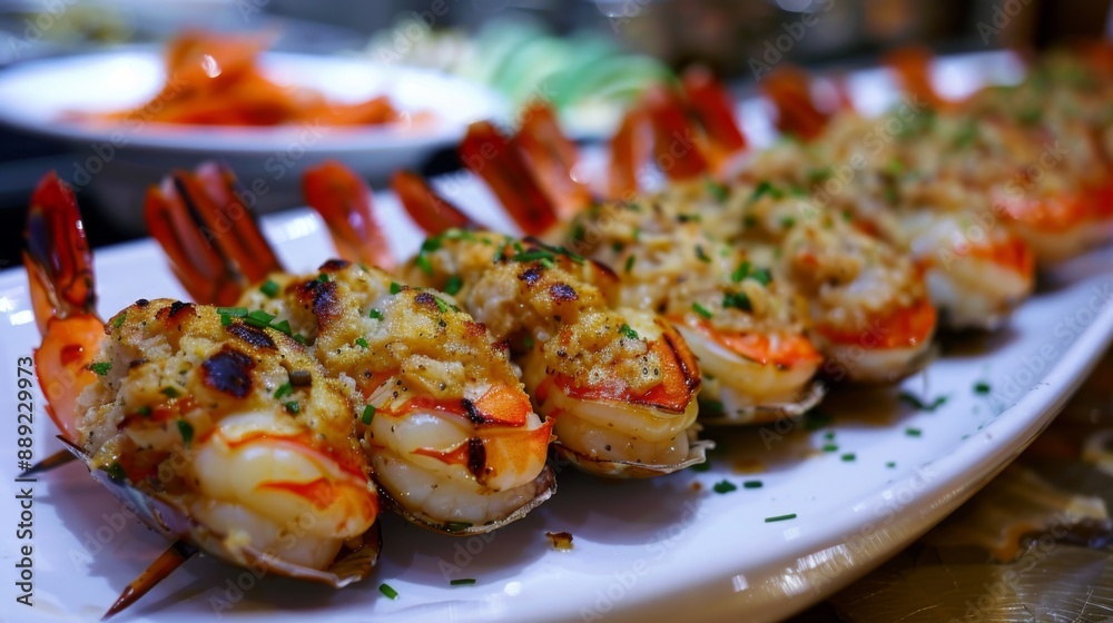Close-up of grilled stuffed shrimp with a flavorful seafood stuffing on a restaurant plate. Close-up of grilled stuffed shrimp with a flavorful seafood stuffing on a restaurant plate.