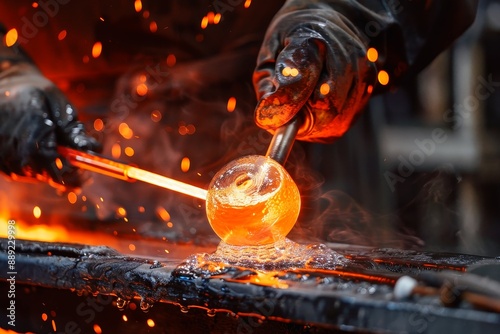 A glassblower skillfully shaping molten glass with a blowpipe and tools.