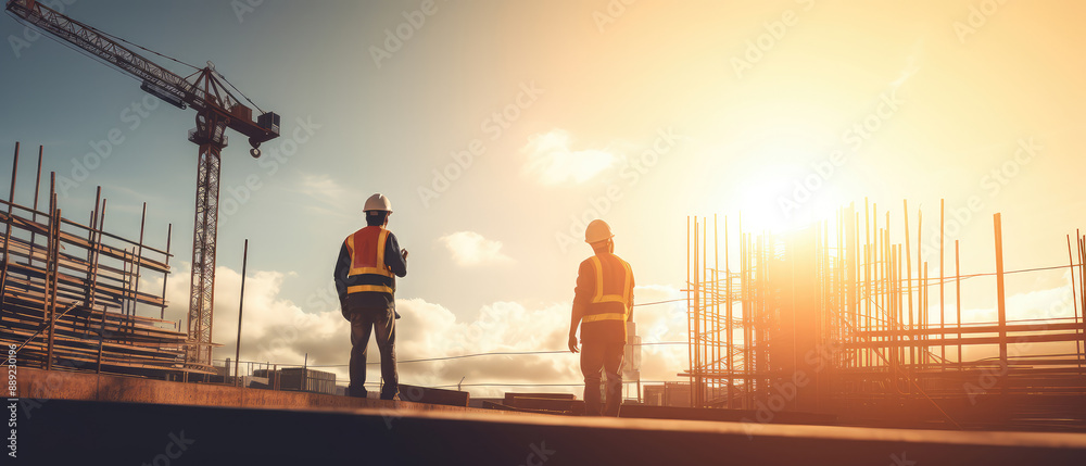 Fototapeta premium Construction Workers Overlooking Site at Sunset