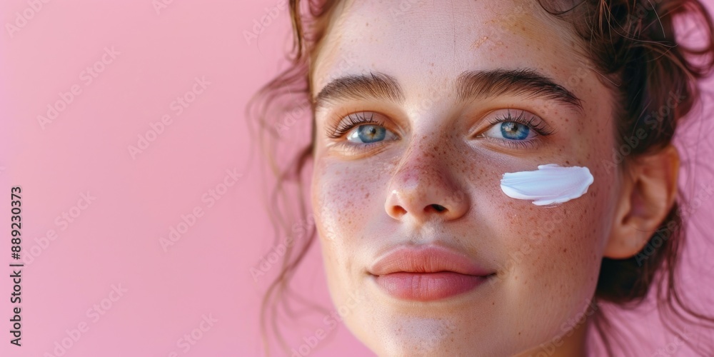 Close-up of a person's face covered in white cream, ideal for beauty or spa-related content Close-up of a person's face covered in white cream, ideal for beauty or spa-related content