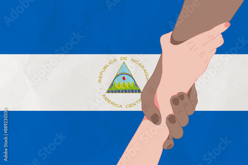 Helping hand against the Nicaragua flag. The concept of support. Two hands taking each other. A helping hand for those injured in the fighting, lend a hand photo