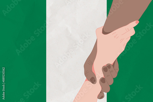 Helping hand against the Nigeria flag. The concept of support. Two hands taking each other. A helping hand for those injured in the fighting, lend a hand photo