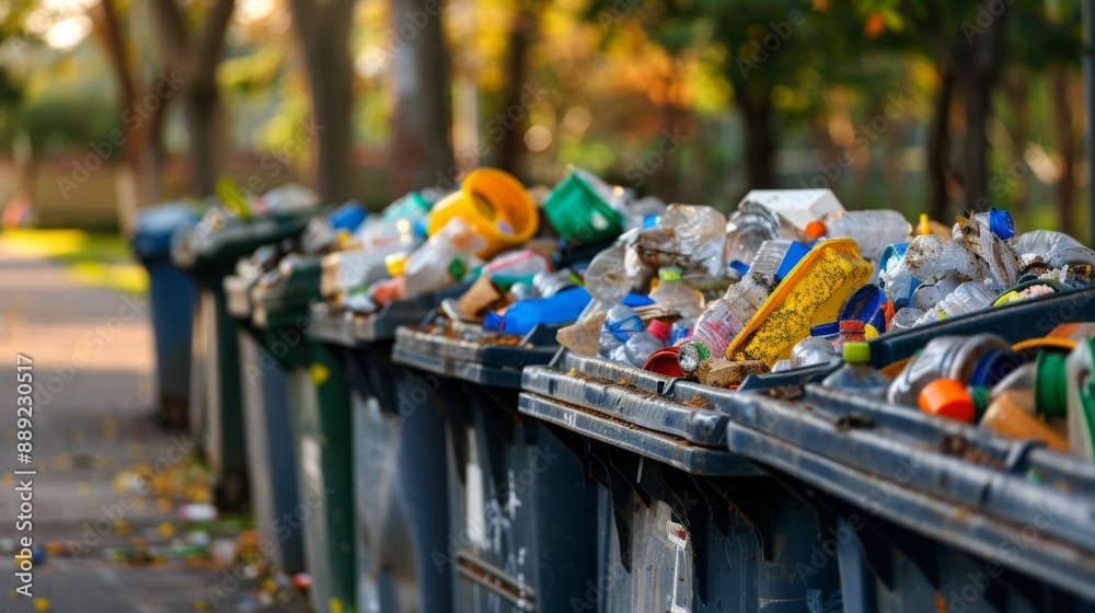 Close-up of overflowing garbage bins in a park, highlighting waste management issues. Close-up of overflowing garbage bins in a park, highlighting waste management issues.