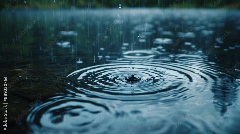 Close-up of rain hitting a lake surface, creating concentric circles and small splashes. Close-up of rain hitting a lake surface, creating concentric circles and small splashes.