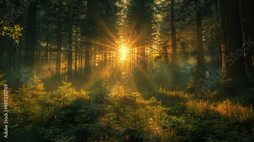 the light sun shine in the middle forest