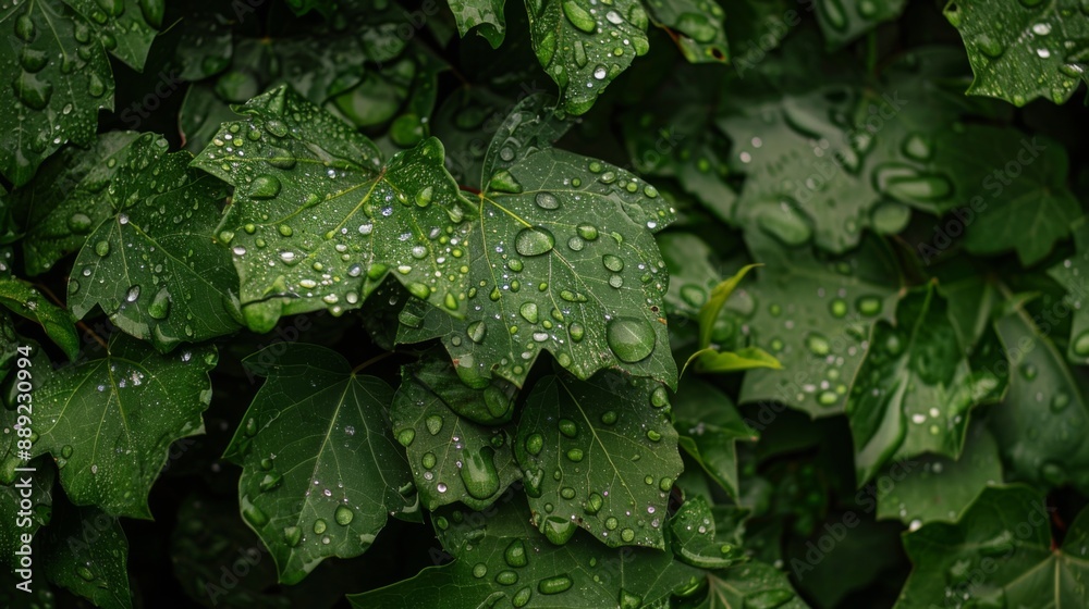 Obraz premium Close-up of rain-soaked leaves with water droplets glistening under soft natural light.