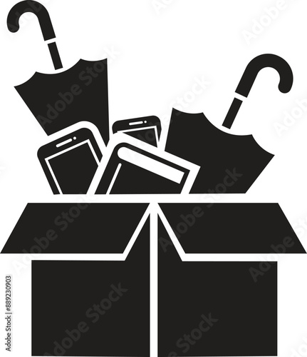 Lost and found icon vector illustration, box icon, umbrella icon, book icon, mobile icon. book, umbrella, mobile, phone lost icon, found icon.