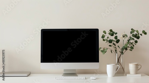 Modern desktop setup with a sleek computer, a potted plant, and a clean minimalist design. Perfect for remote work, productivity, and creativity.