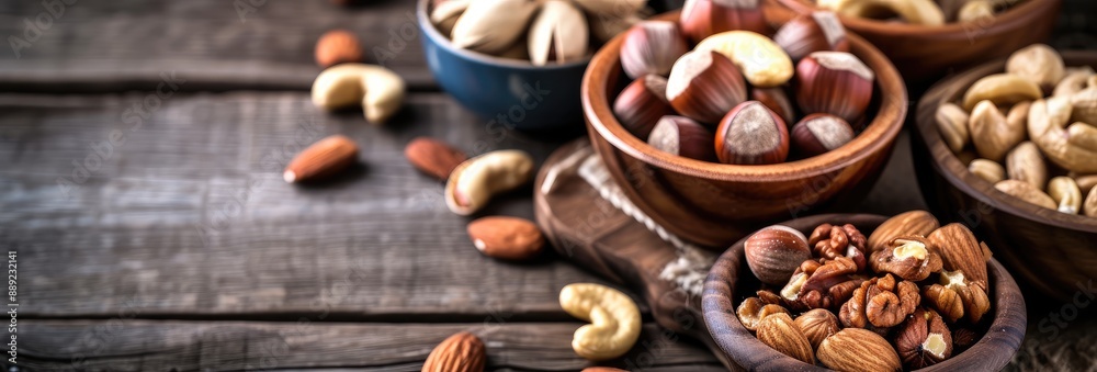 Assorted Nuts in Bowls on Textured Wood Surface Assorted Nuts in Bowls on Textured Wood Surface