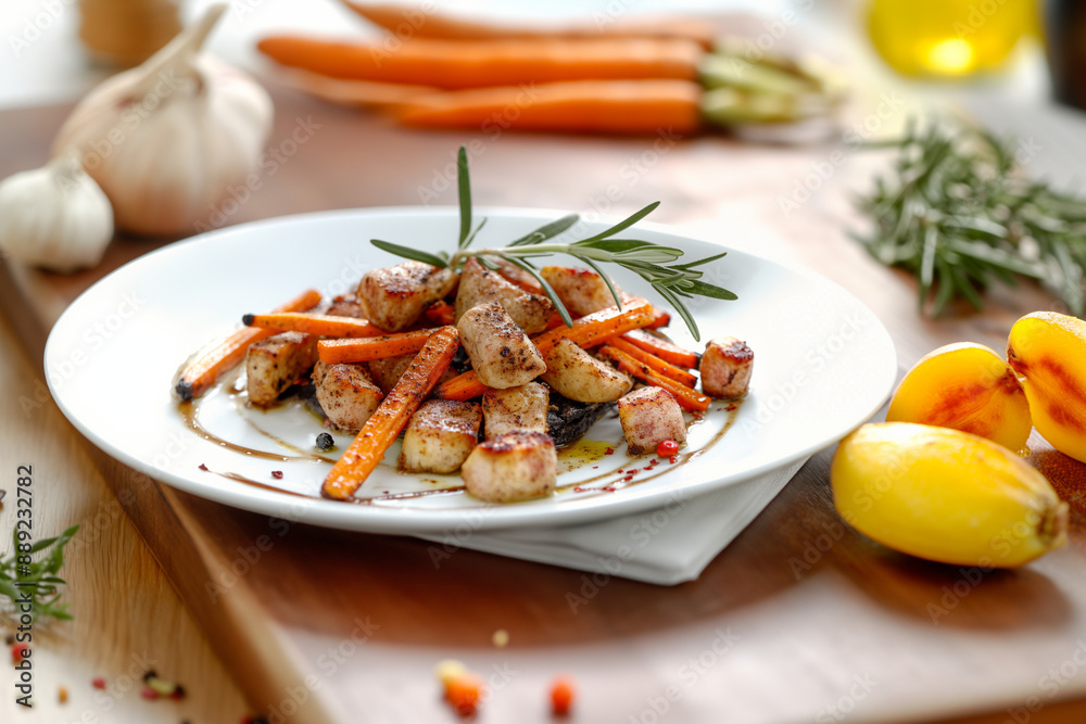 Close-up of roasted root vegetables with fresh rosemary on a white plate. Close-up of roasted root vegetables with fresh rosemary on a white plate.
