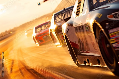 Close-Up of Race Cars Speeding Down the Track at Talladega Superspeedway, Midday Light, Dust Kicking Up