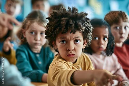 Diverse Group of Children Pointing and Mocking in Classroom Illustrating Bullying Dynamics