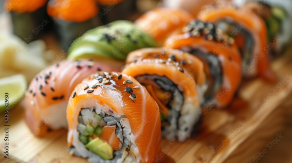 Close-up of sushi rolls with assorted seafood, avocado, and nori seaweed, served on a wooden board. Close-up of sushi rolls with assorted seafood, avocado, and nori seaweed, served on a wooden board.