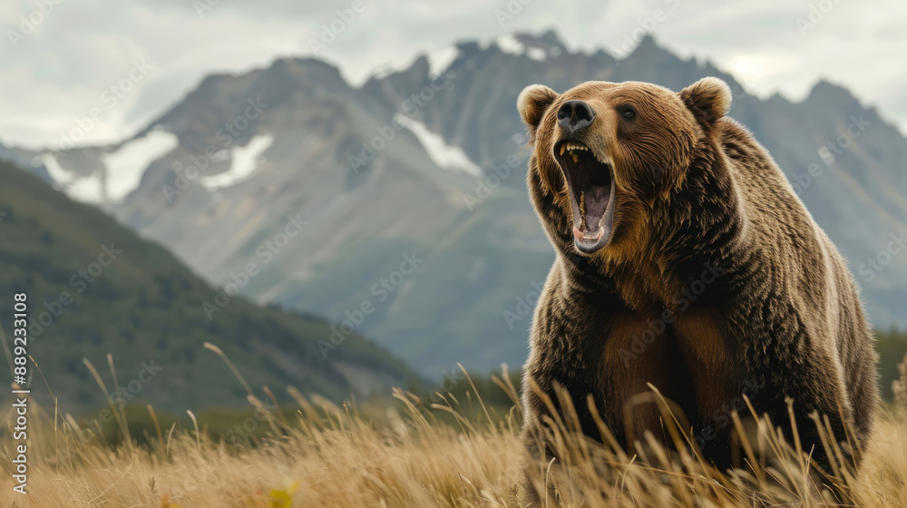 Obraz premium Majestic brown bear (Ursus arctos) roaring in the wilderness, with mountains in the background